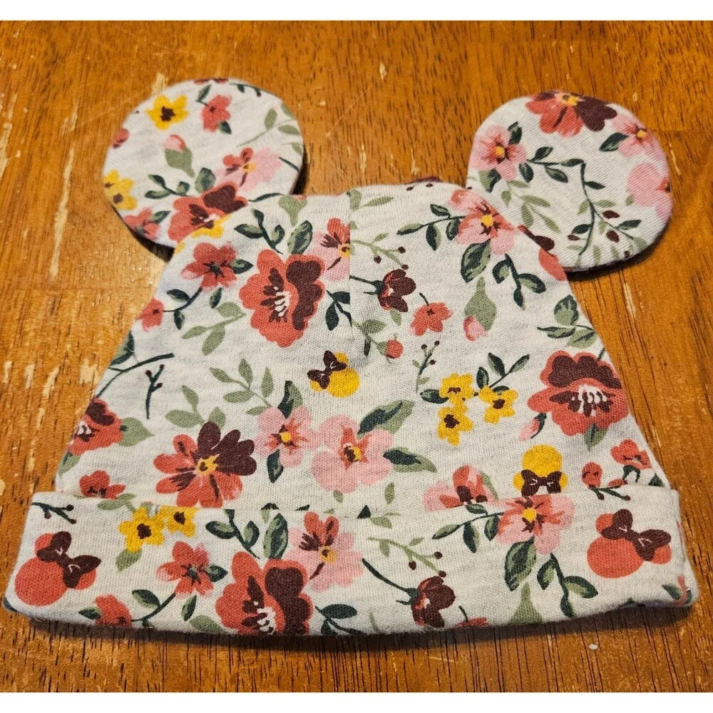 Disney Baby Newborn Hat Beanie Baby Bow Ears Minnie Mouse Floral - Picture 2 of 3